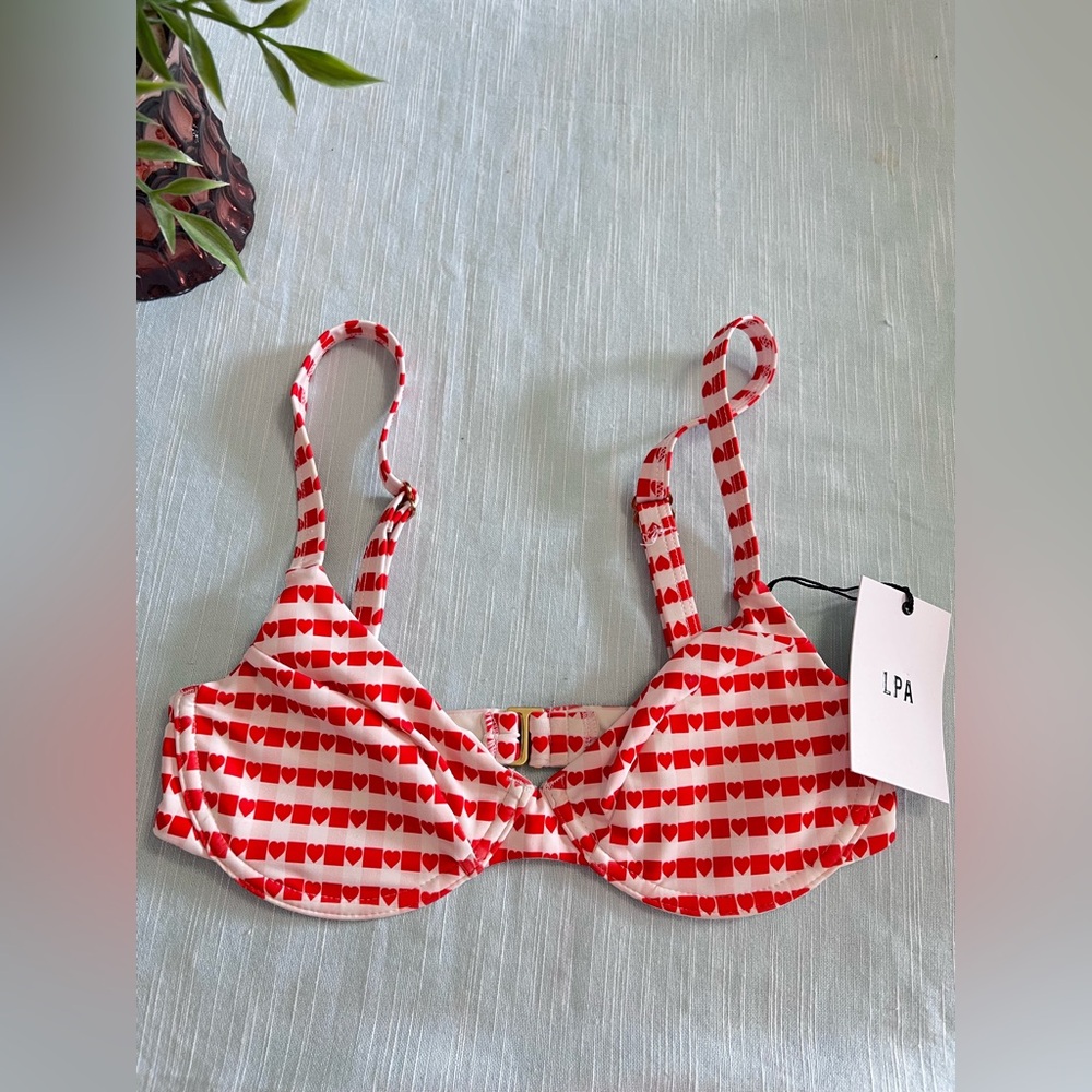 LPA Revolver Swim Bikini Top Red and White Heart-Pattern Underwire Bra Size XS